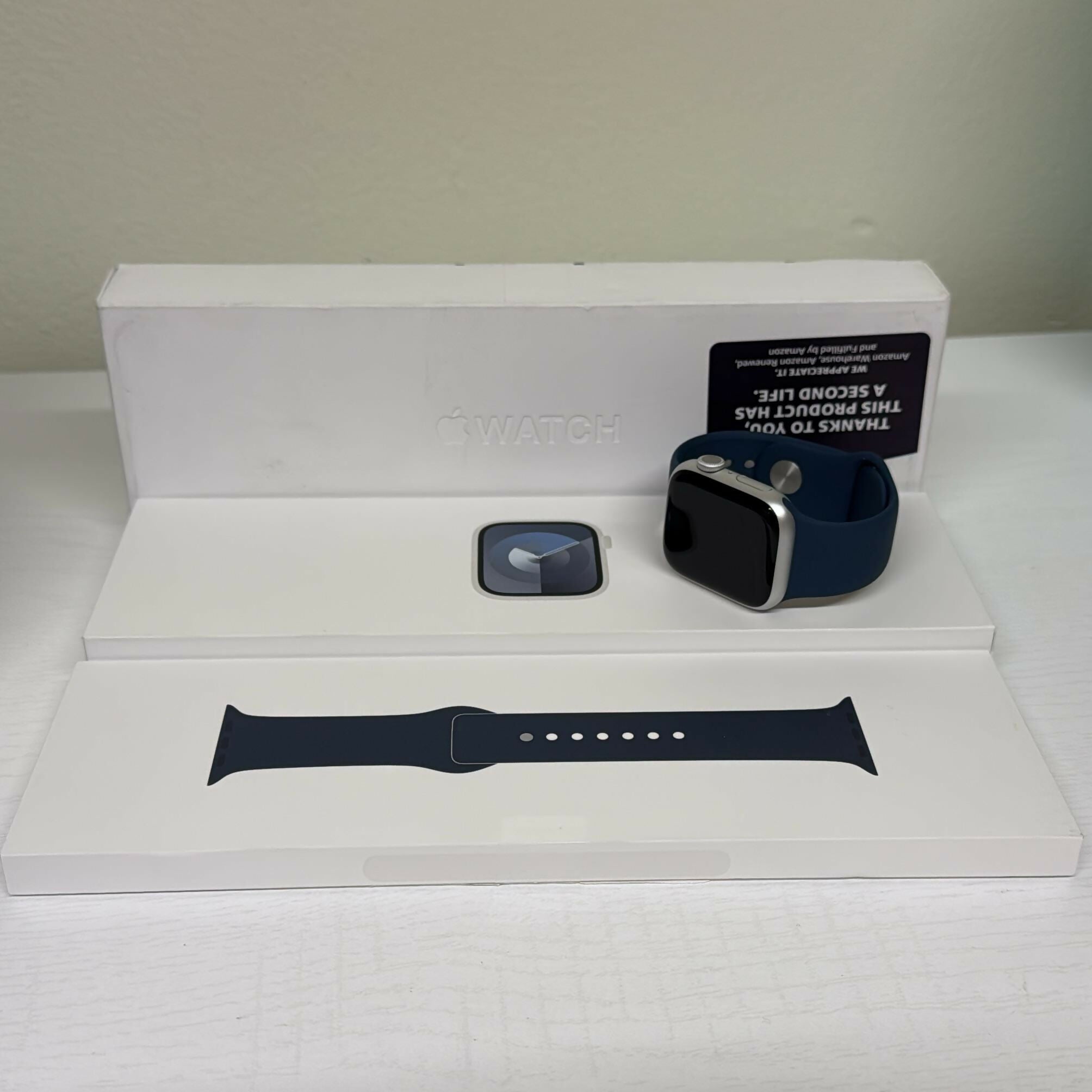 Apple Watch Series 9 - 41mm Silver Aluminum with Storm Blue Sport Band (S/M) - GPS (Open Box)