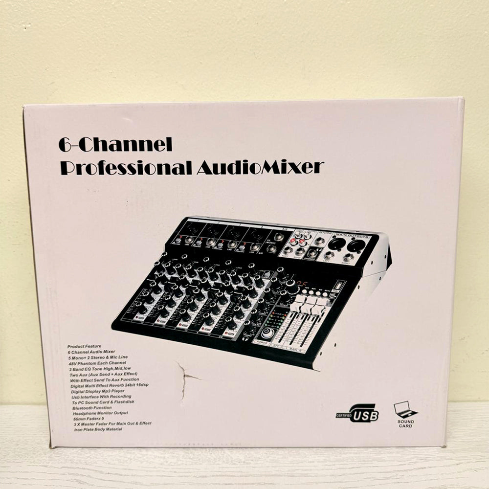 6-Channel Professional Audio Mixer – USB Interface, 16-Bit DSP, Reverb, Phantom Power – Lightly Used