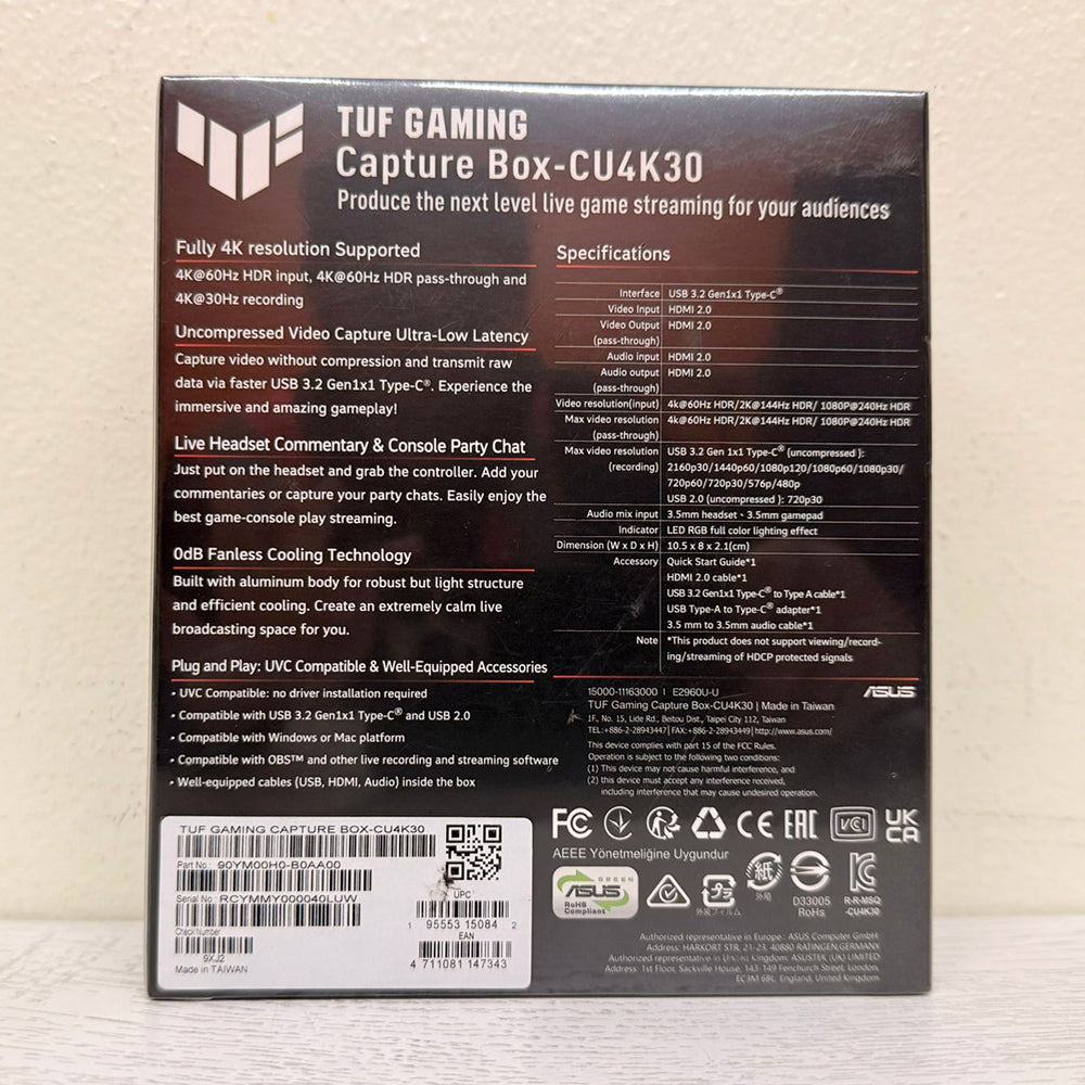 ASUS TUF Gaming Capture Box-CU4K30 – 4K/2K/1080P HDR Capture, 240FPS, USB 3.2, Near-Zero Latency, OBS Certified, Plug & Play for PC, PS5, Xbox, Switch (Brand New)
