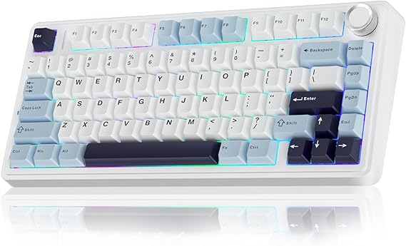 AULA F75 75% Wireless Mechanical Keyboard – Gasket-Mounted, Hot-Swappable Custom Keyboard with Pre-Lubed Reaper Switches, RGB Backlit, 2.4GHz/Type-C/BT5.0 Connectivity (White &amp; Blue)