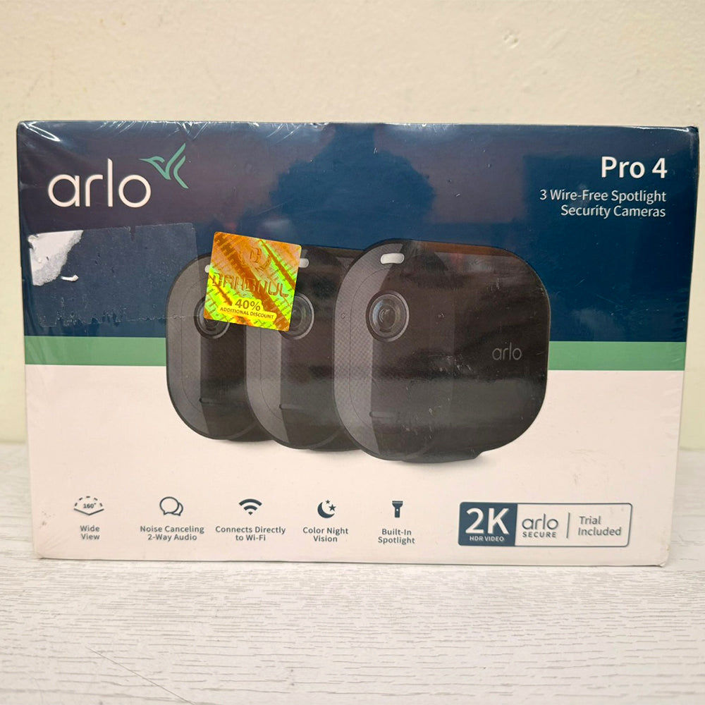 Arlo Pro 4 Spotlight Camera – 3-Pack Wireless 2K Security System with Color Night Vision, Built-In Spotlight & AI Detection – VMC4350B (Brand New)
