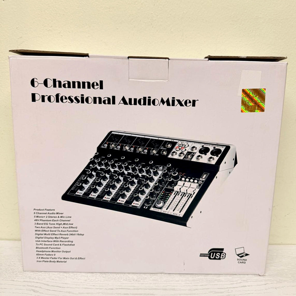 6-Channel Professional Audio Mixer – USB Interface, 16-Bit DSP, Reverb, Phantom Power – Lightly Used