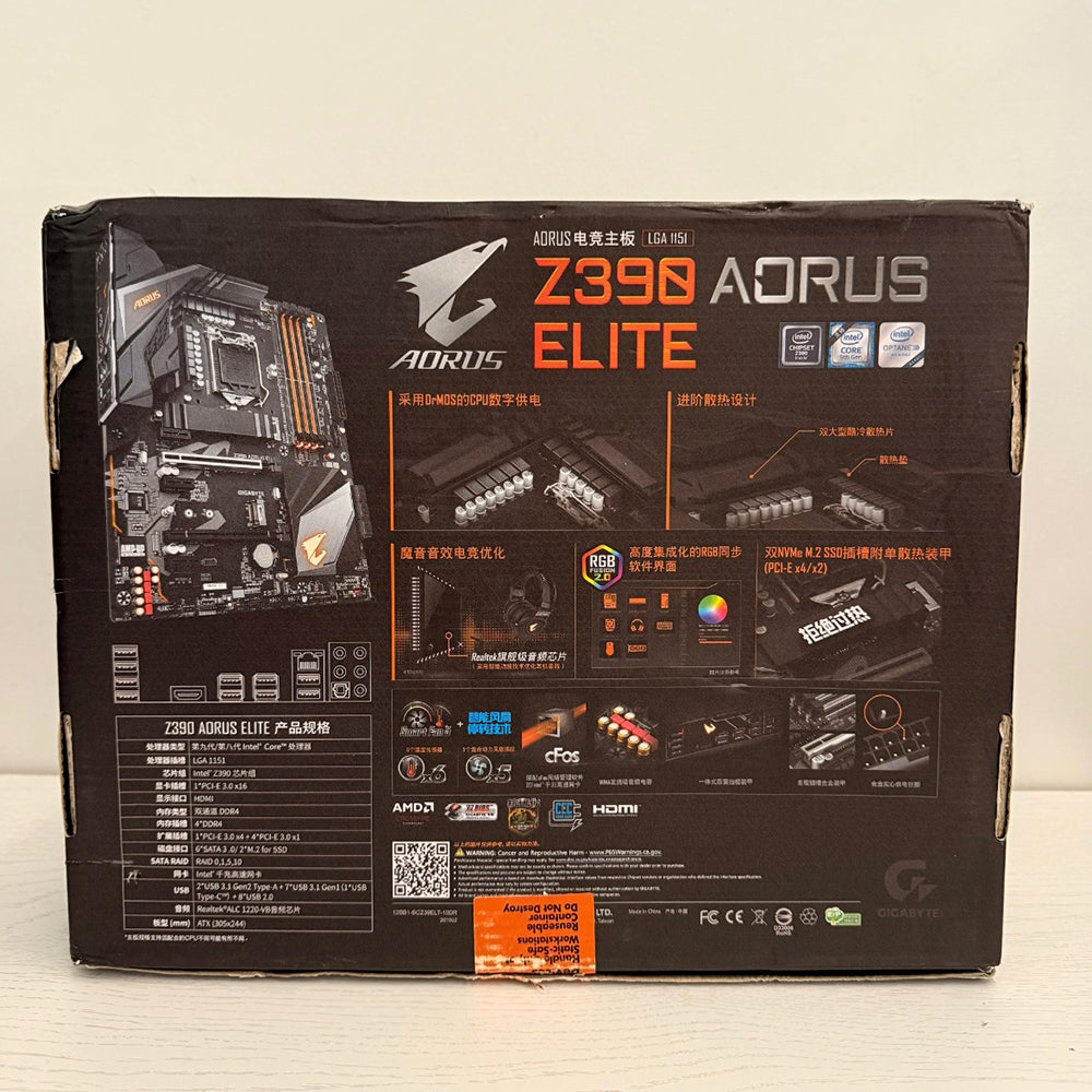 GIGABYTE Z390 AORUS ELITE ATX Motherboard – Intel LGA 1151, DDR4, Dual M.2 Thermal Guard, RGB Fusion (Brand New)