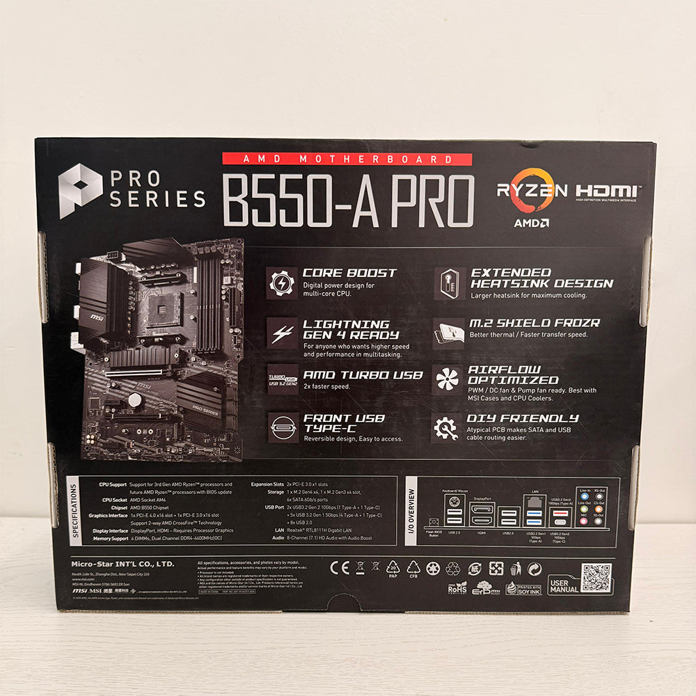 MSI B550-A PRO ATX Motherboard – AMD AM4, DDR4, PCIe 4.0, M.2 Shield Frozr, Core Boost, Pro Series (Brand New)