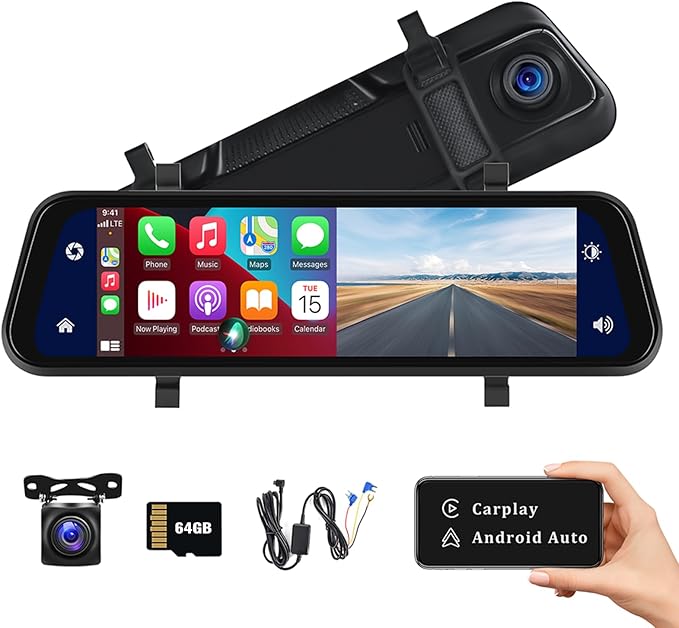 Mirror Dash Cam Compatible with Apple CarPlay &amp; Android Auto – 9.66" Voice Control (Lightly Used)