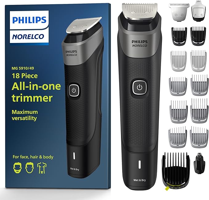 Philips Norelco Multigroom Series 5000 18-Piece, Beard, Face, Hair, Body, and Intimate Hair Trimmer for Men - NO BLADE OIL (MG5910/49)