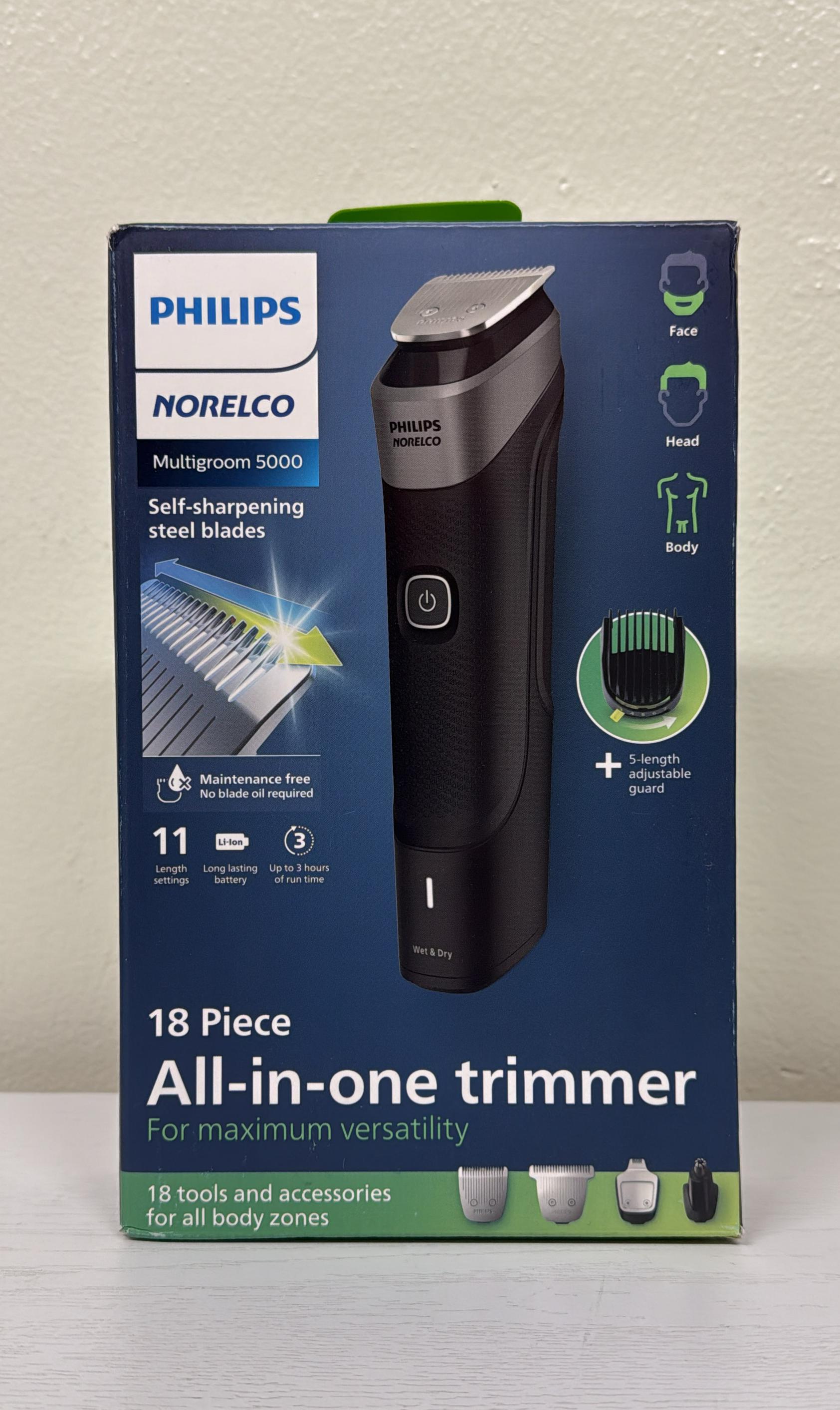 Philips Norelco Multigroom Series 5000 18-Piece, Beard, Face, Hair, Body, and Intimate Hair Trimmer for Men - NO BLADE OIL (MG5910/49)