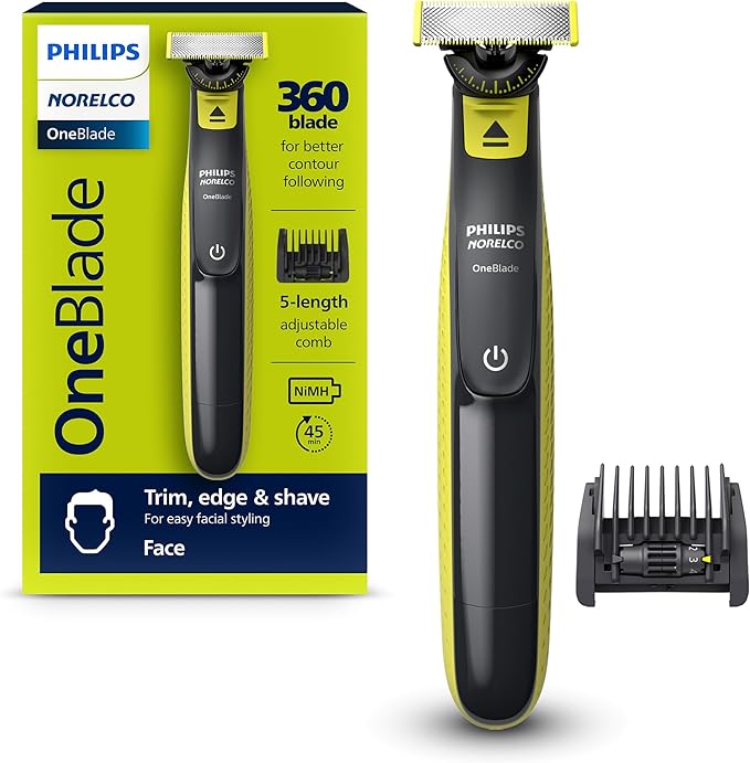 Philips Norelco OneBlade 360 Face – Hybrid Electric Beard Trimmer and Shaver with 5-in-1 Stubble Comb