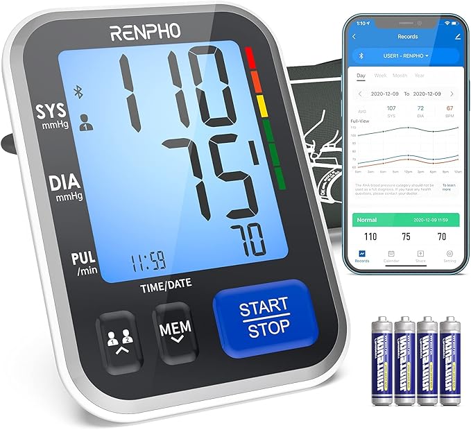 RENPHO Blood Pressure Monitor for Home Use – Bluetooth Smart BP Machine with Wide Range Cuff, Multi-User, Data Storage, FSA/HSA Eligible (Open Box)