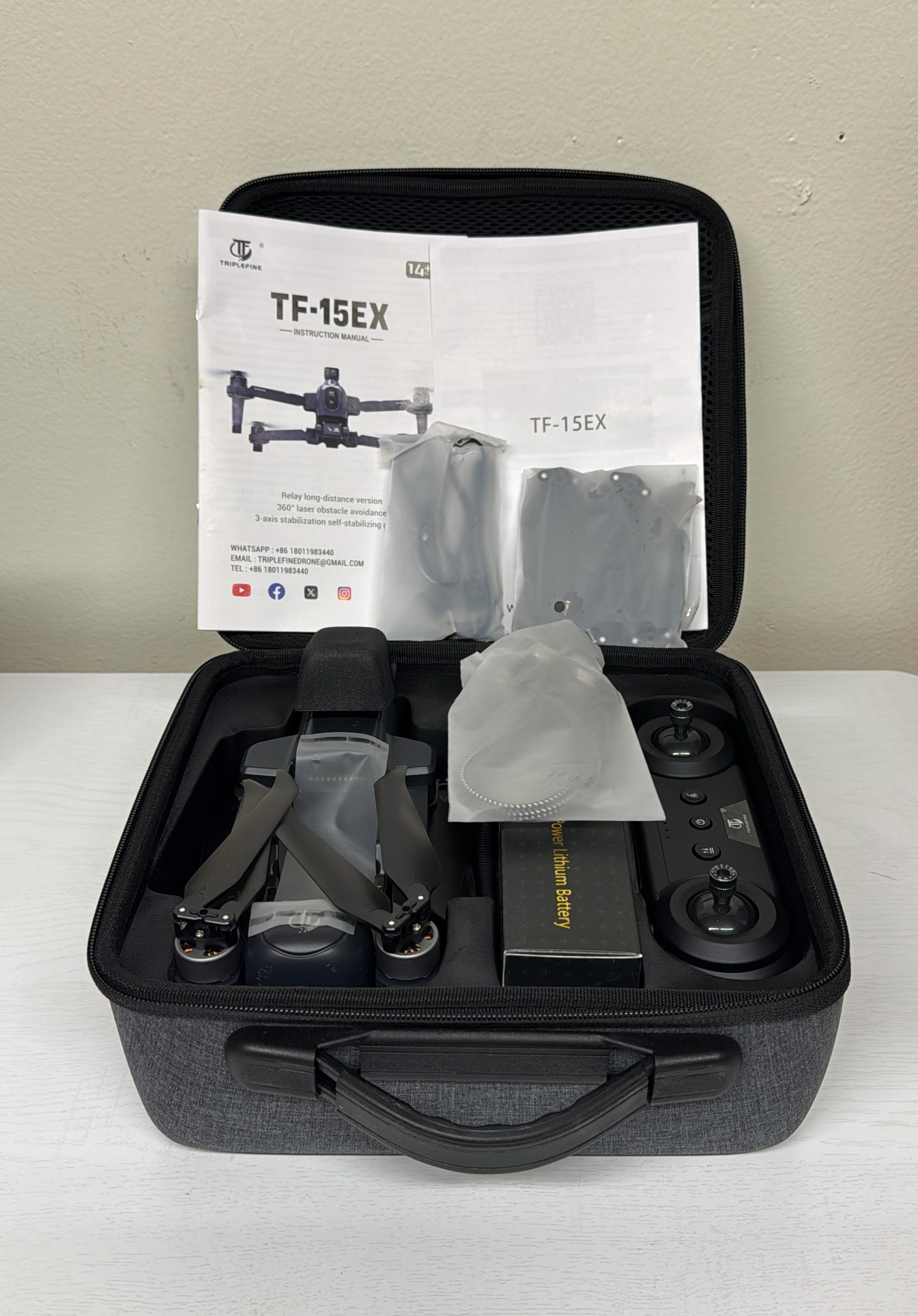 TF15-EX 3-Axis Gimbal Drone with Camera - Obstacle Avoidance, 4K Video, 75 Minutes Flight Time, 11,000 ft Range, Integrated Remote ID (Heavy Used)