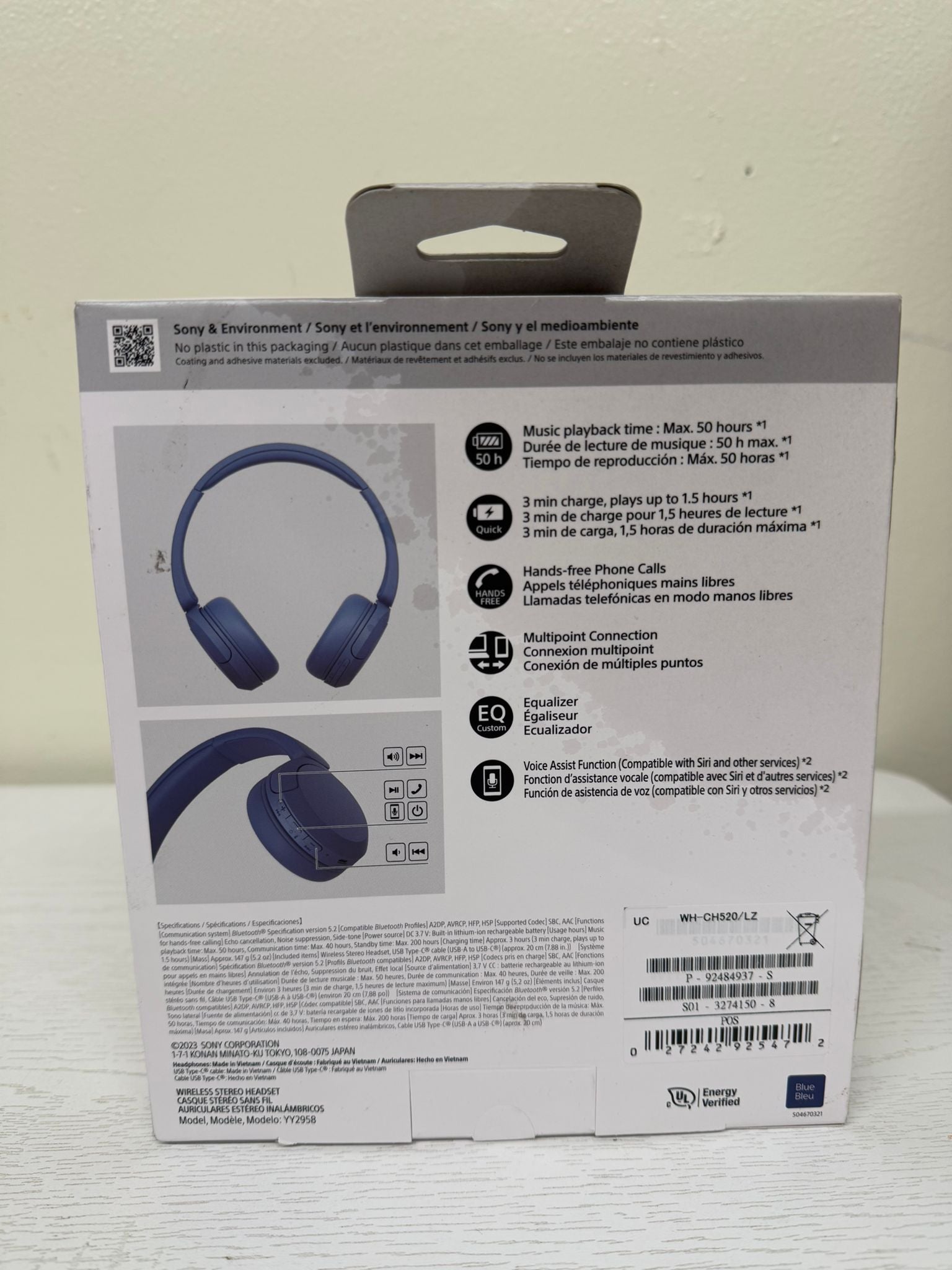 Sony WH-CH520 Wireless Bluetooth On-Ear Headphones with Microphone – Blue (Brand New)