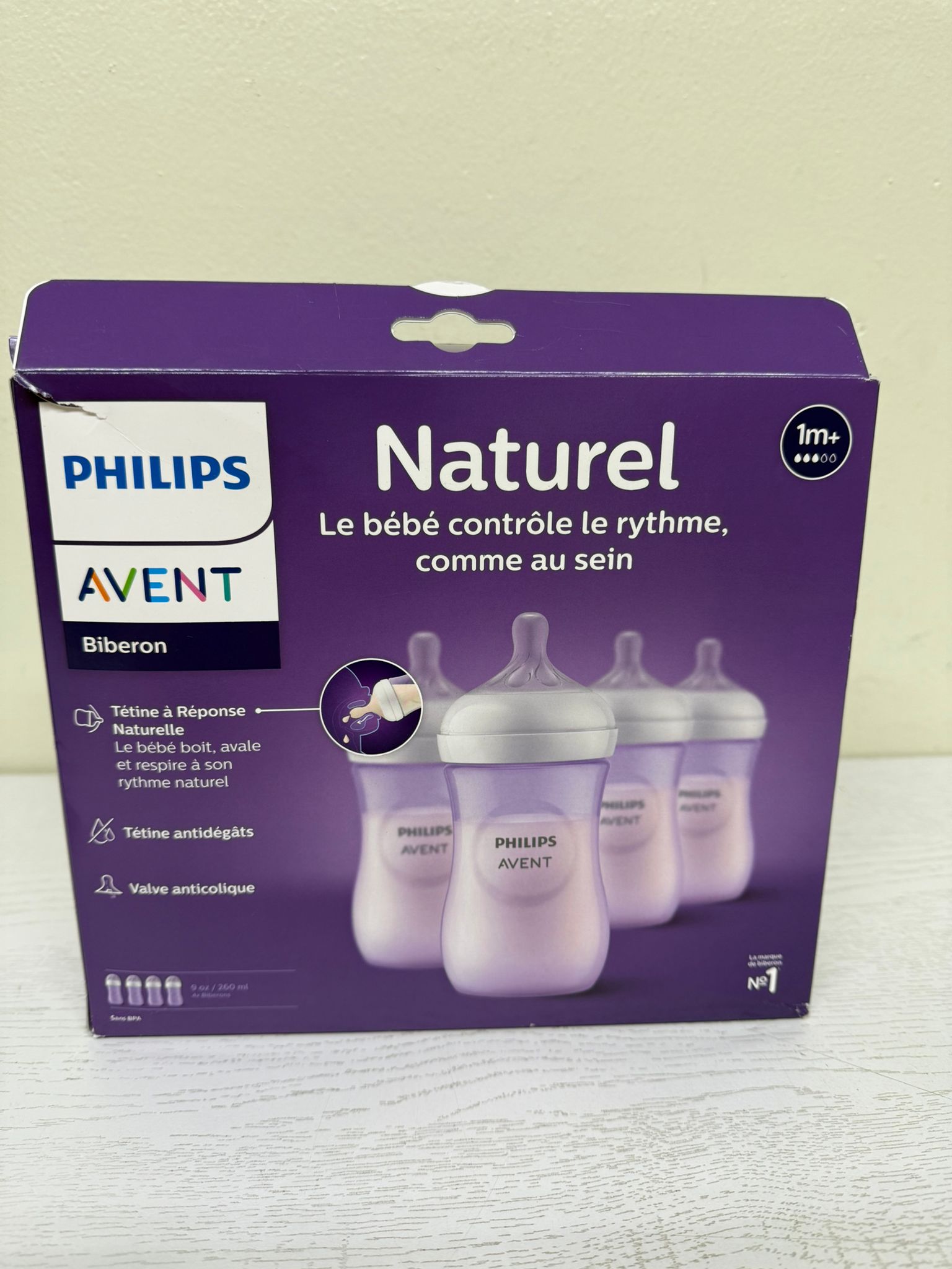 Philips Avent Natural Baby Bottle with Natural Response Nipple, Purple, 9oz 4pk, SCY903/34 (Brand New)